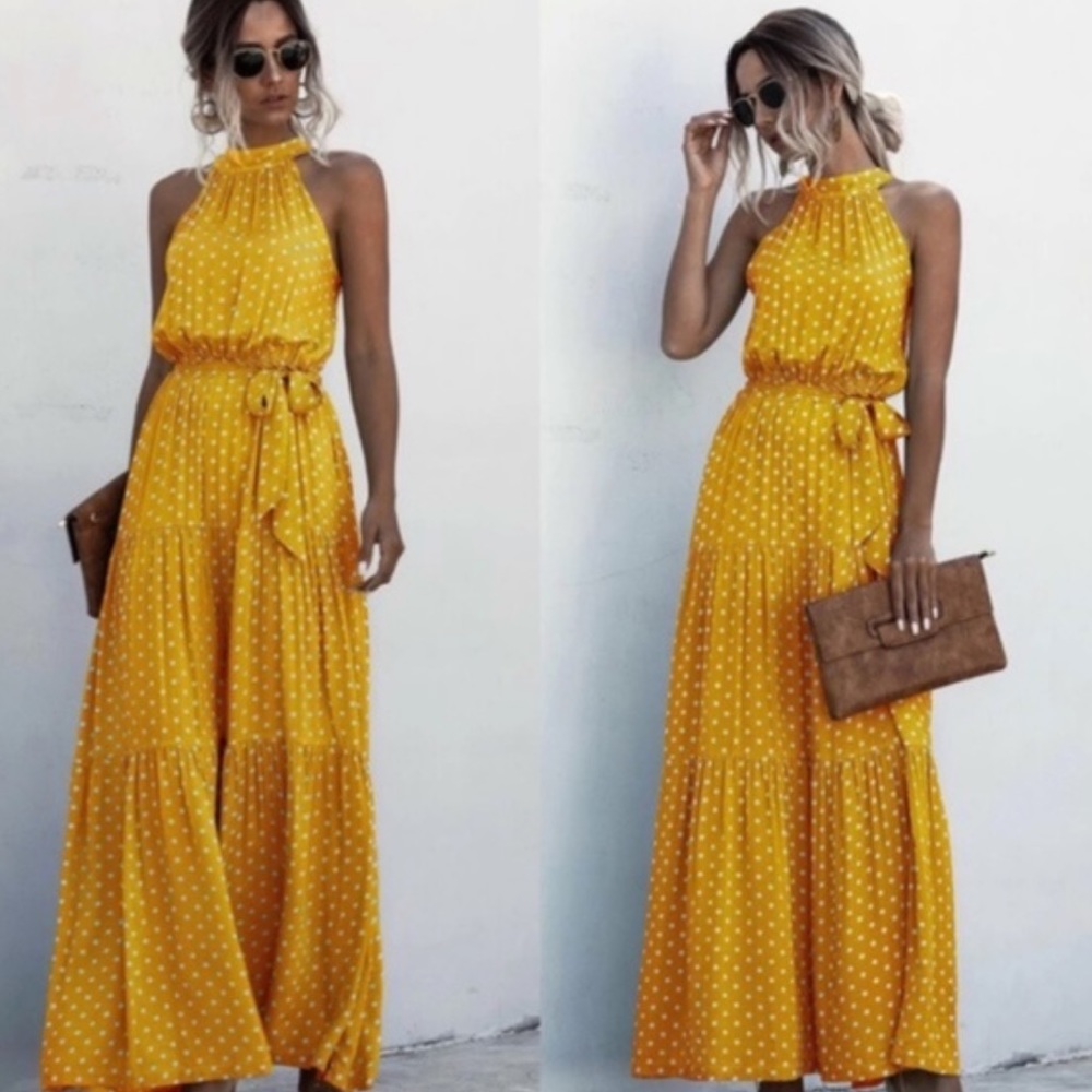 Boho polka dot belted layer ruffle halter dress